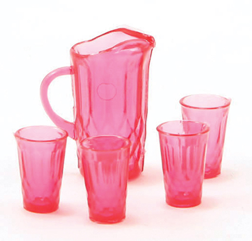 Dollhouse Miniature Pitcher W/4 Glasses, Cranberry